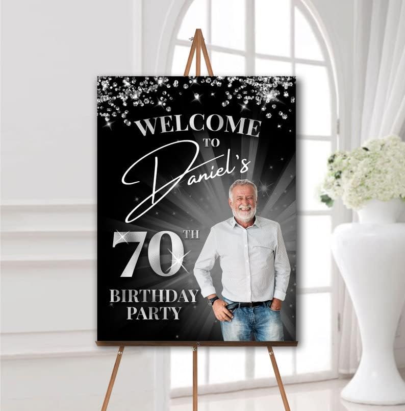 Customized Age Birthday Welcome Sign With Photo Birthday Poster Canvas Personalized Birthday welcome Sign Birthday Party Decorations Black And Silver