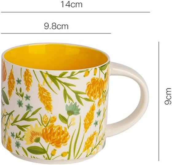 Ceramic Tea Cup Coffee Mug for Office and Home, Hand Painted with Handles, Vintage Flower Blossom Mug, Dishwasher Microwave Safe, Yellow – 15.8oz