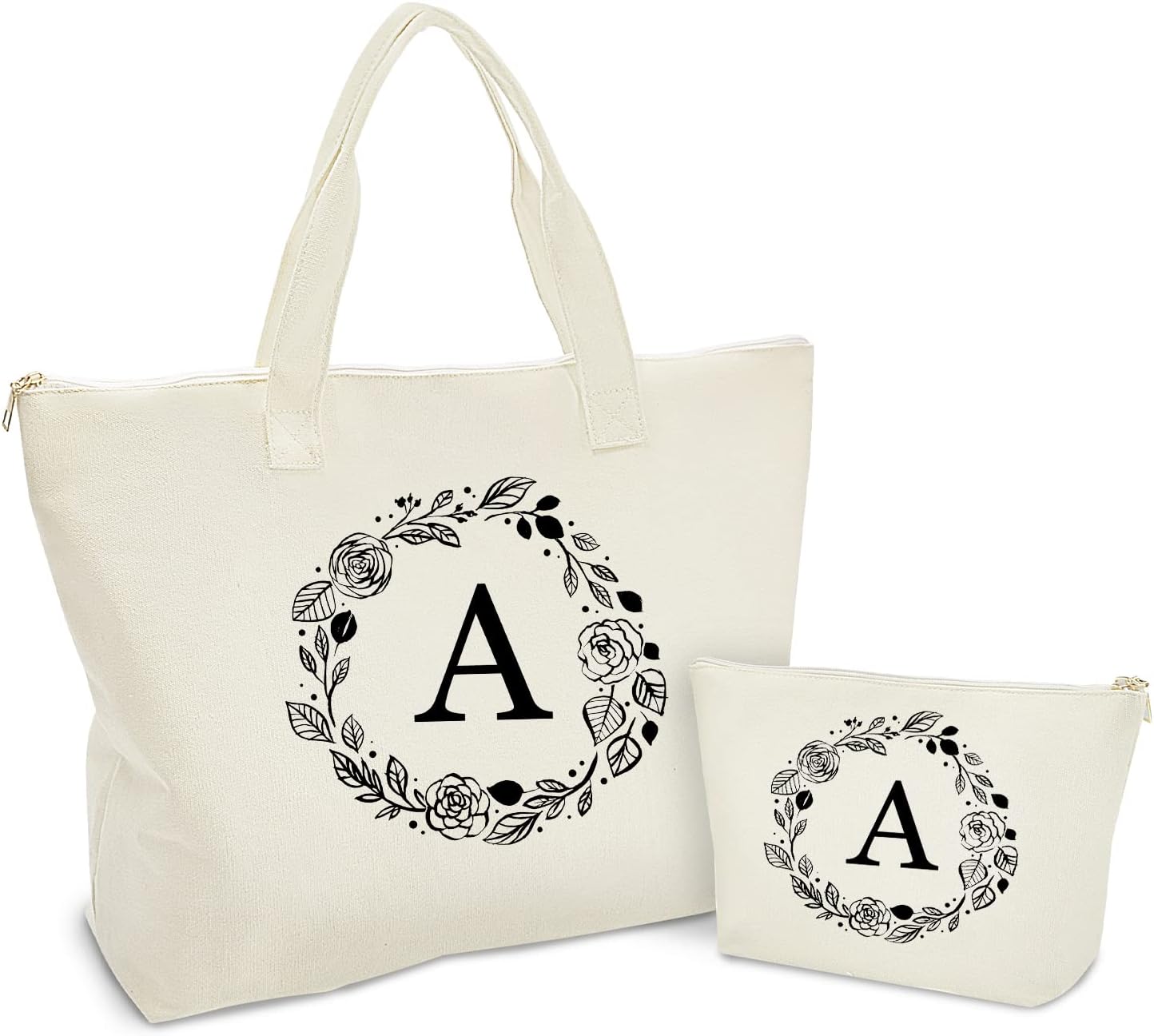 Personalized Initial Canvas Tote Bag with Zipper, Present Bag with Inner Pocket & Make Up Bag, Great Gifts for Women, Mom, Teachers, Friends, Bridesmaids