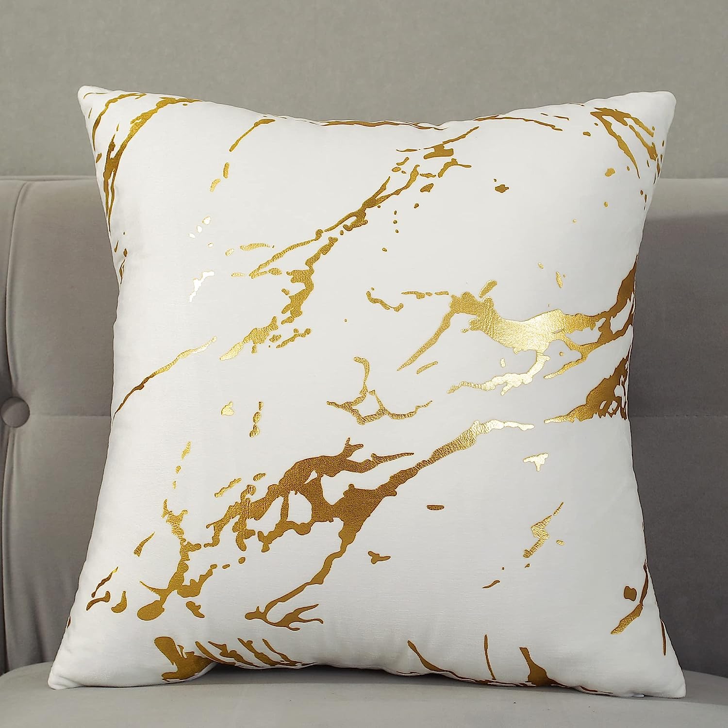 Pack of 2,Velvet Marble Pattern Lines Geometric Bronzing Printed Cozy Soft Throw Pillow Cases Cushion Covers Shells for Sofa Couch Bed Home Decoration 20 x 20 Inches, White and Gold