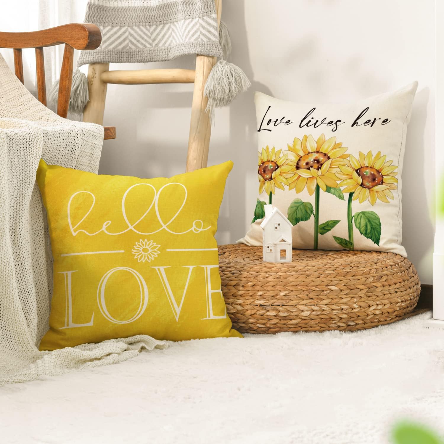 Colorlife Hollo Love Sunflower Bicycle Yellow Throw Pillow Covers, 18 x 18 Inch Flowers Summer Spring Cushion Case for Sofa Couch Set of 4