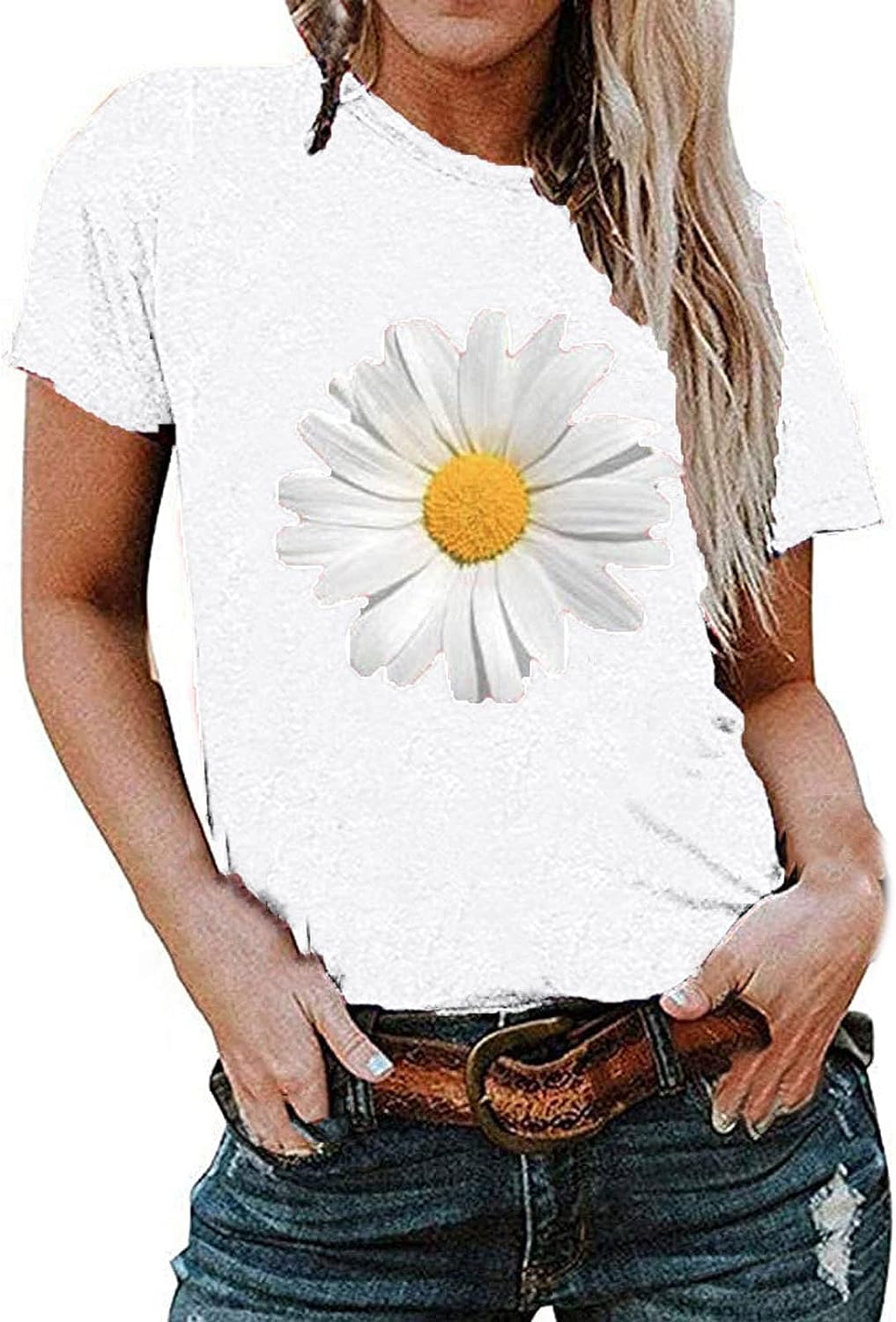 Women Daisy Flower T-Shirt Vintage Summer Simple Graphic Tee Casual Short Sleeve Floral Tee Shirts Regular Fit Tops