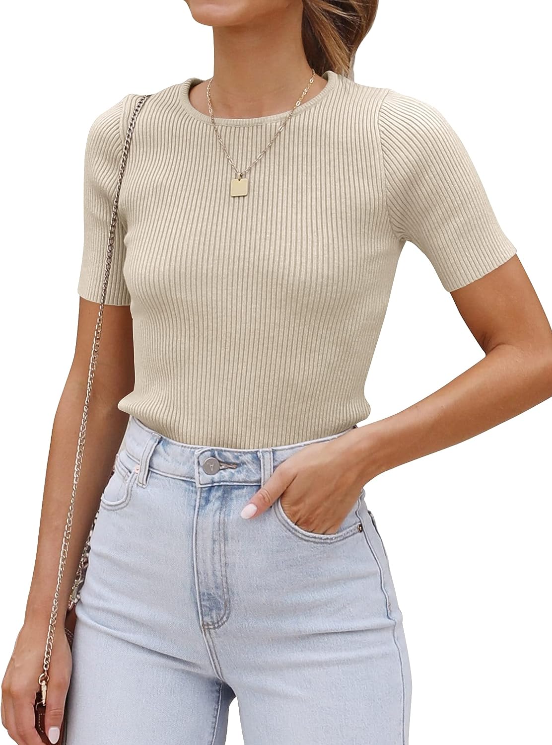 Women’s Short Sleeve Crewneck Ribbed Knit Slim Fit T Shirt 2023 Summer Basic Solid Color Tee Tops