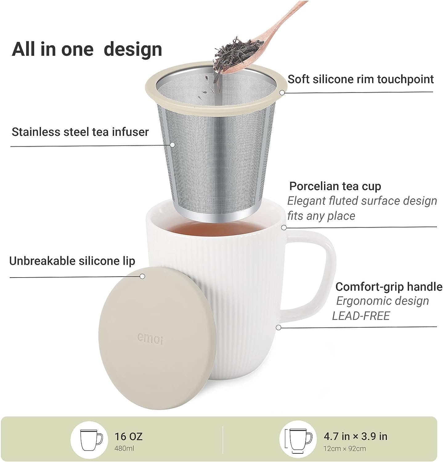 emoi 16 OZ Large Porcelain Tea Cup with Infuser and Lid, Tea Mug with Tea Strainers for Loose Tea, Ideal Tea Gifts for Tea lovers to Steep a Perfect Cup of Tea at Home or Office-Beige White