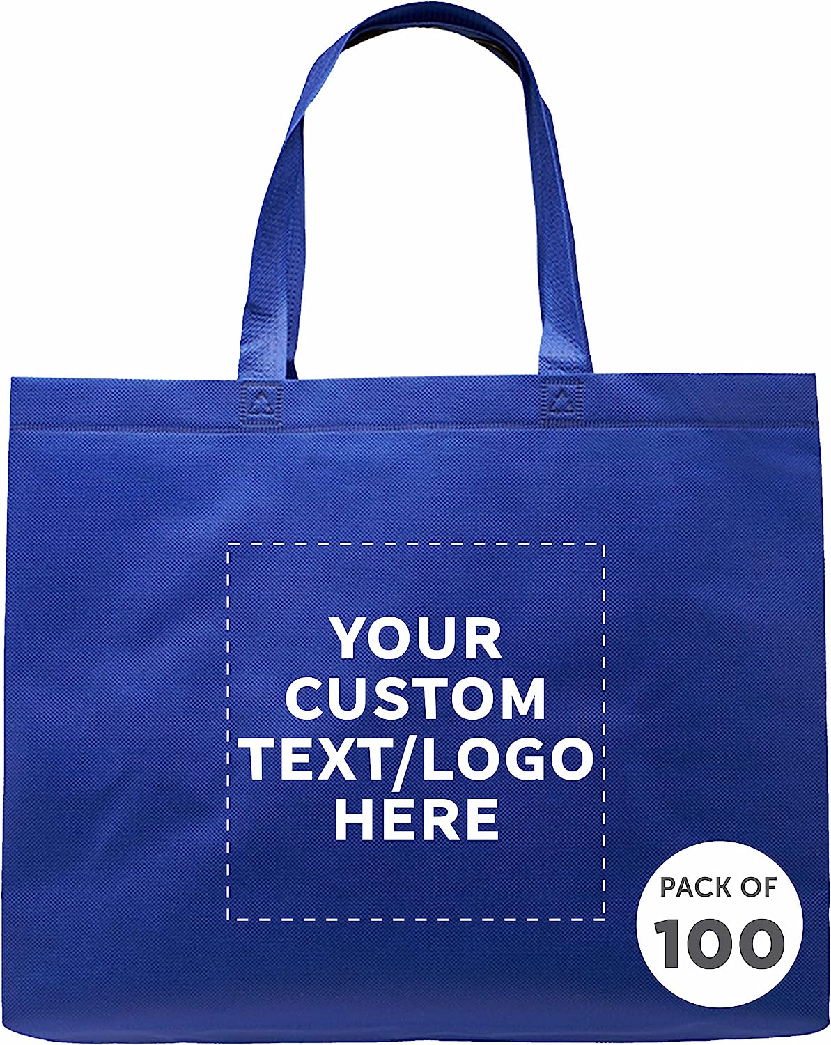 Custom Jumbo Sized Tote Bags Set of 100, Personalized Bulk Pack – Grocery, Shopping, Travel, Carry on Bag, Totes for Women, Reusable, Blue