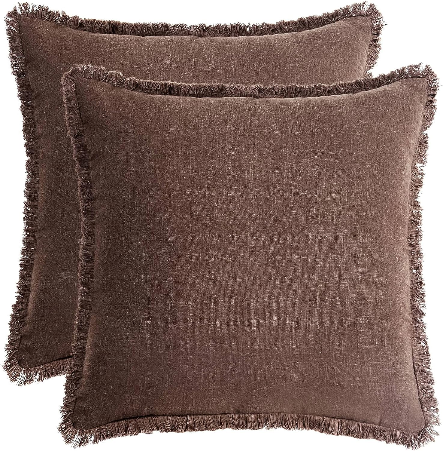 Pack of 2 Linen Pillow Covers with Tassels Fringed Decorative Rustic Natural Throw Pillowcase Cushion for Couch Sofa Bedroom 24 x 24-Inch Brown