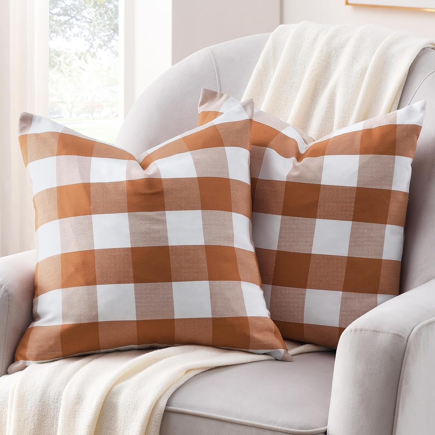 Fall Pillow Covers 18×18 Inches Farmhouse Buffalo Check Plaid Halloween Throw Pillow Covers Orange and White Decorative Square Cushion Pillowcase for Sofa Home Decor, Set of 2