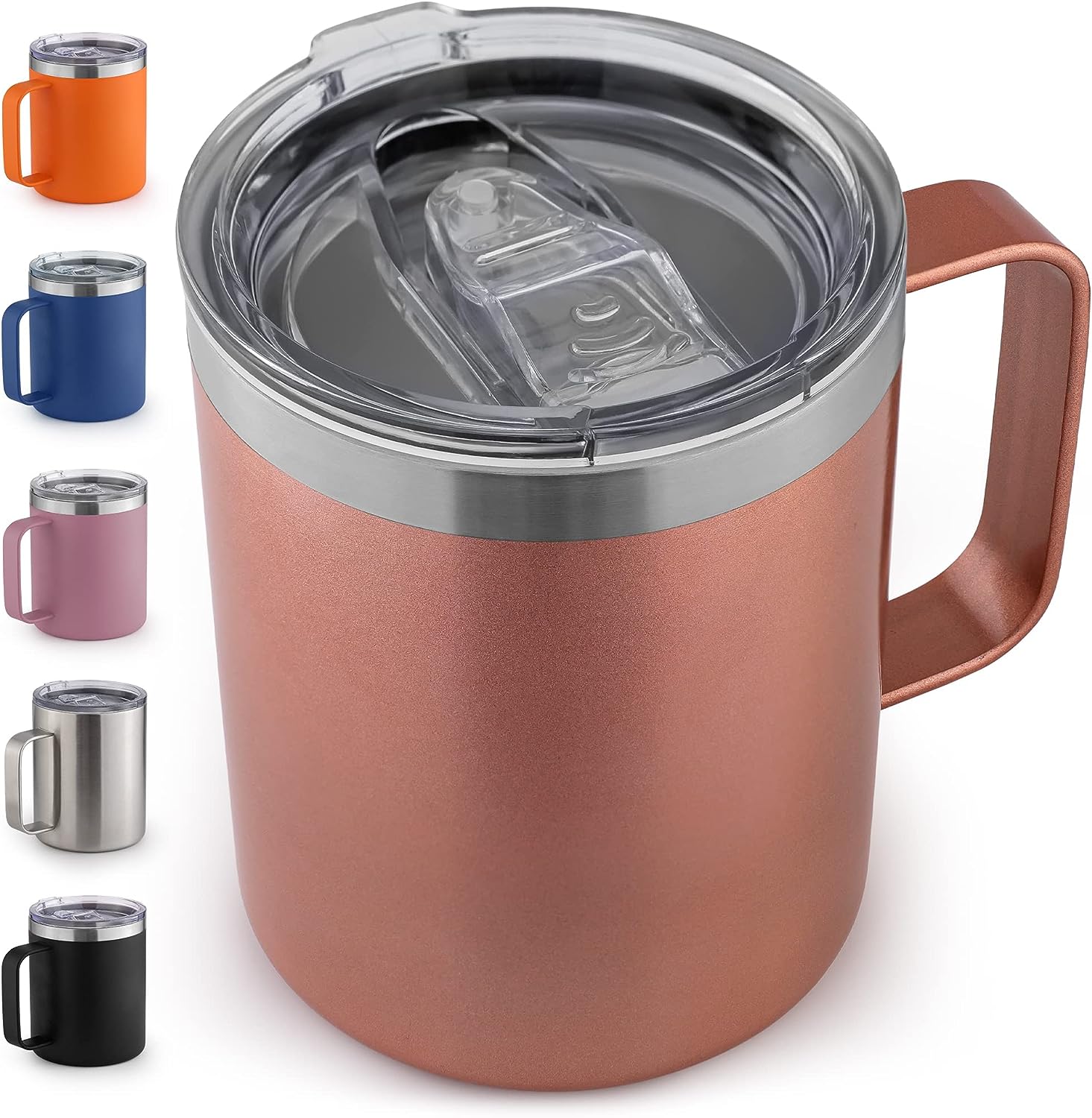 12 oz Insulated Coffee Mug with Lid – Stainless Steel Camping Mug Tumbler with Handle – Double Wall Vacuum Duracoated Insulated Mug For Travel, Camping, Office, Outdoor (Rose Gold)