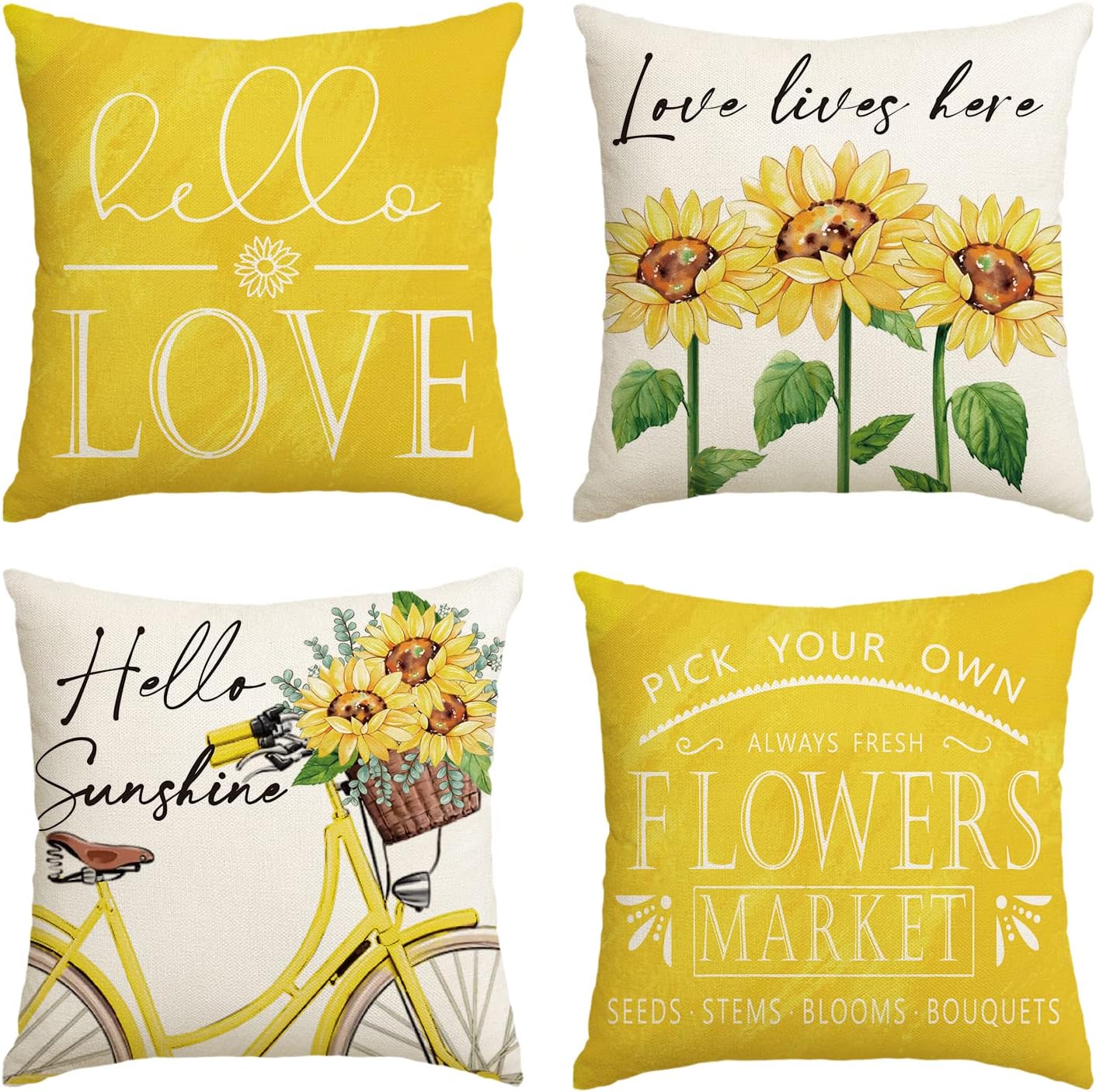 Colorlife Hollo Love Sunflower Bicycle Yellow Throw Pillow Covers, 18 x 18 Inch Flowers Summer Spring Cushion Case for Sofa Couch Set of 4