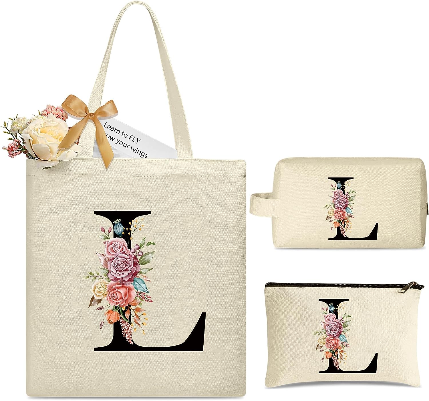 Canvas Tote Bag with 2 Makeup Bags Personalized Gifts Unique Teacher Gifts Friend Birthday Gifts for Women