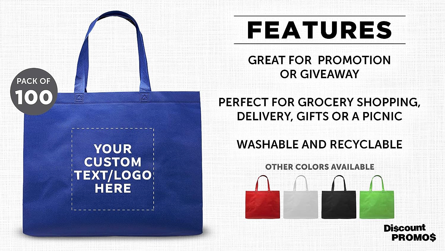 Custom Jumbo Sized Tote Bags Set of 100, Personalized Bulk Pack – Grocery, Shopping, Travel, Carry on Bag, Totes for Women, Reusable, Blue