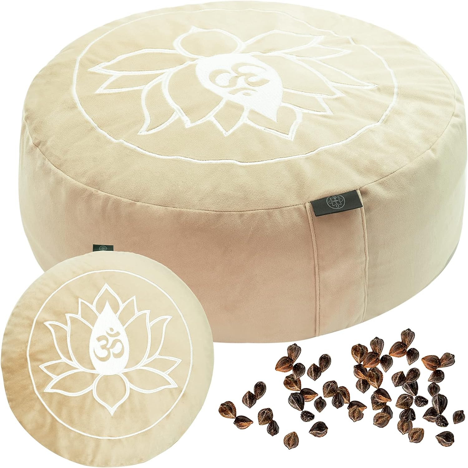 Meditation Cushion – Comfortable Zafu Meditation Pillow – Soft Velvet Meditation Seat Cover + Cotton Cover Option – Yoga Pillow for Floor Seating w/Carry Handle, Floor Pillow, Beige