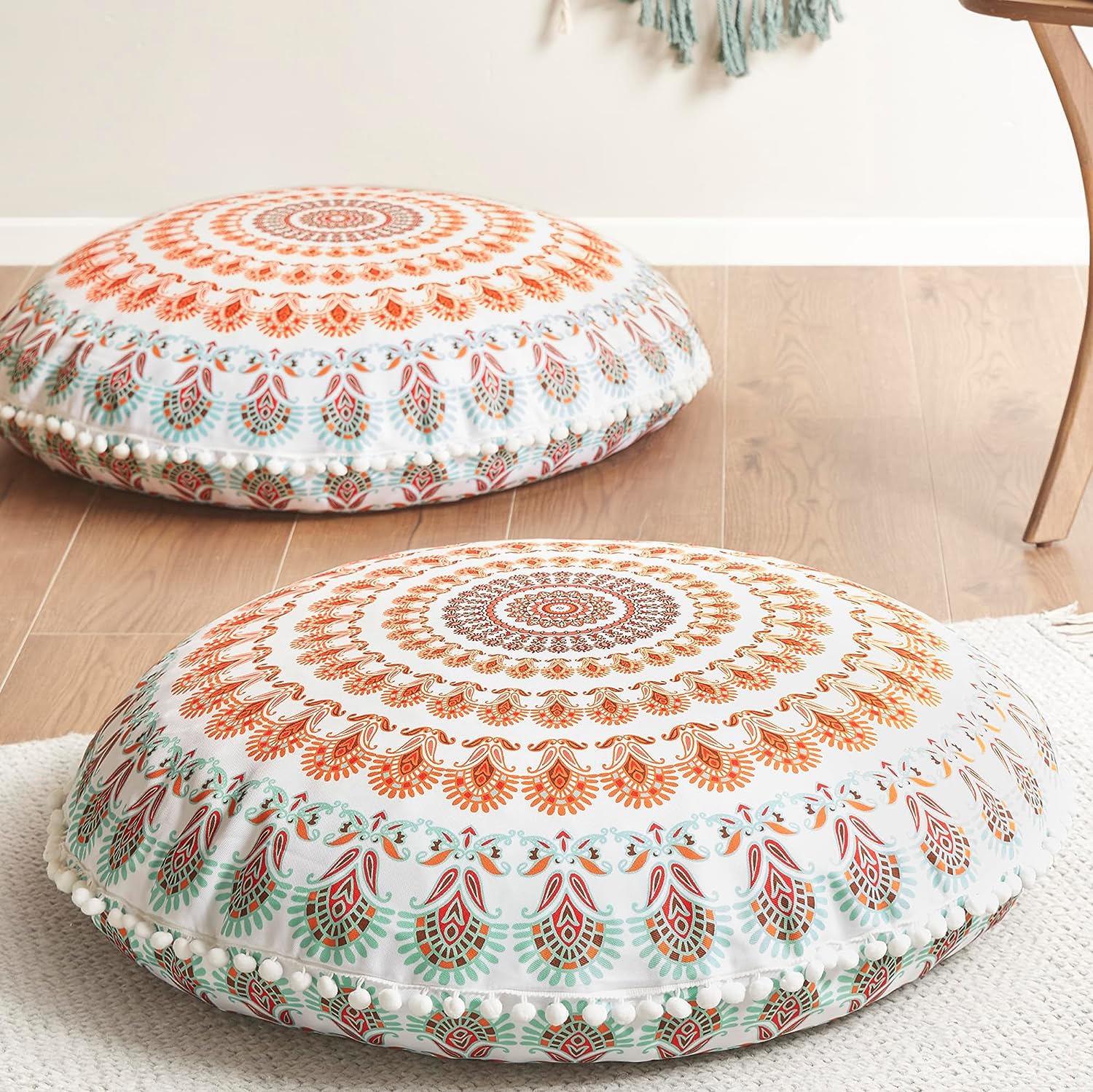 Codi Meditation Floor Pillow Set of 2, Round Large Pillows Seating for Adults, Bohemian Mandala Circle Cushions for Outdoor Fireplace Yoga Living Room, 32 Inch, Memory Foam Added, Coral