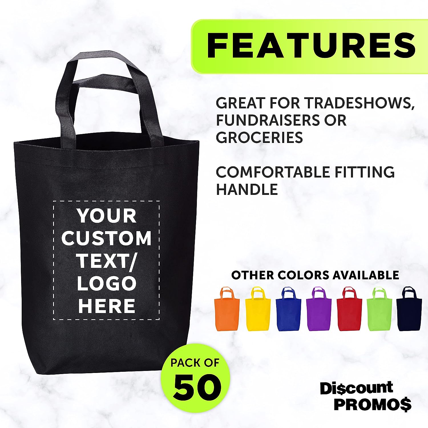 Custom Large Reusable Heavy Duty Tote Bag – 50 Pack – Personalized Logo, Text – Beach Shopping Bag – Black