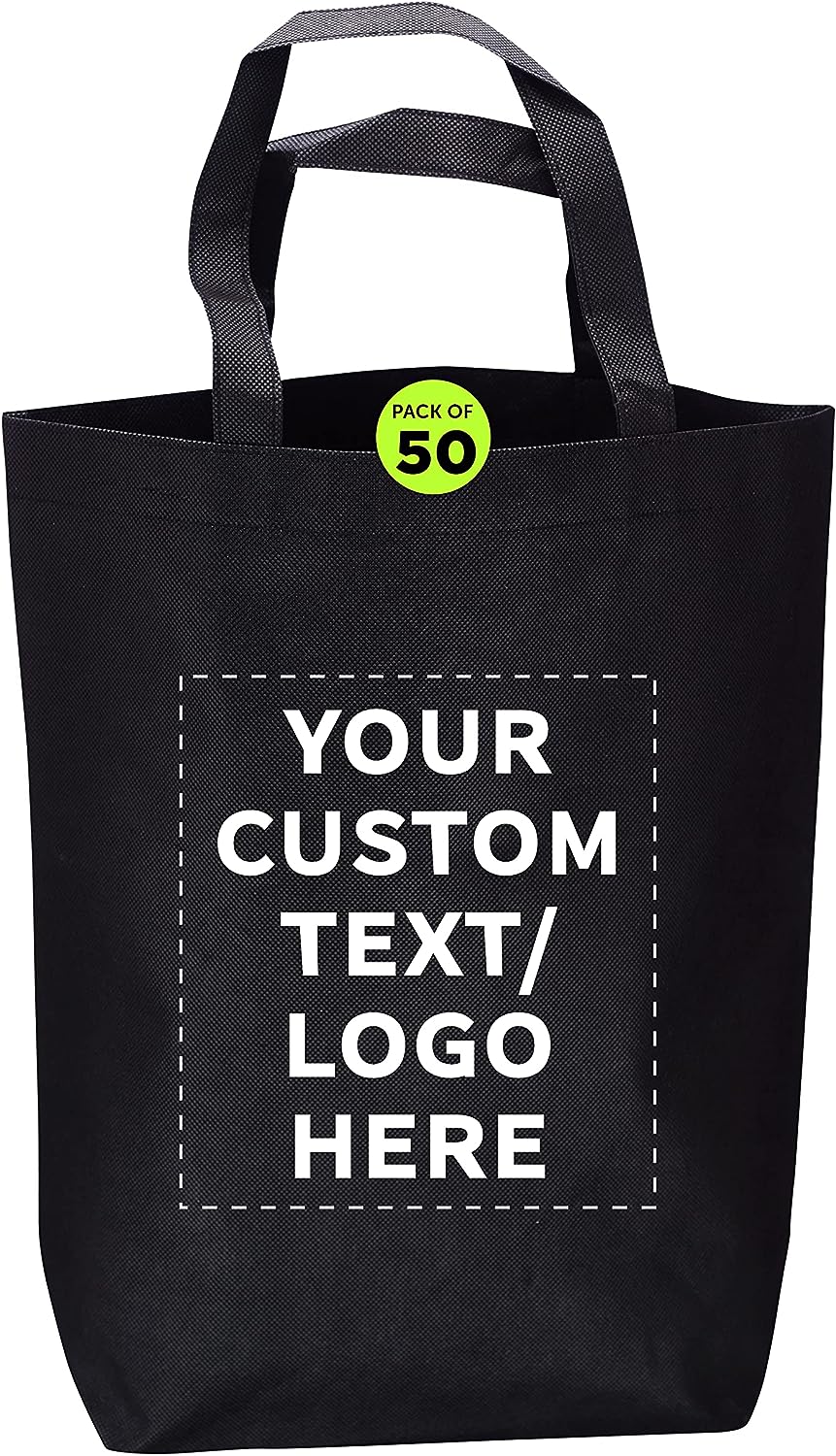 Custom Large Reusable Heavy Duty Tote Bag – 50 Pack – Personalized Logo, Text – Beach Shopping Bag – Black