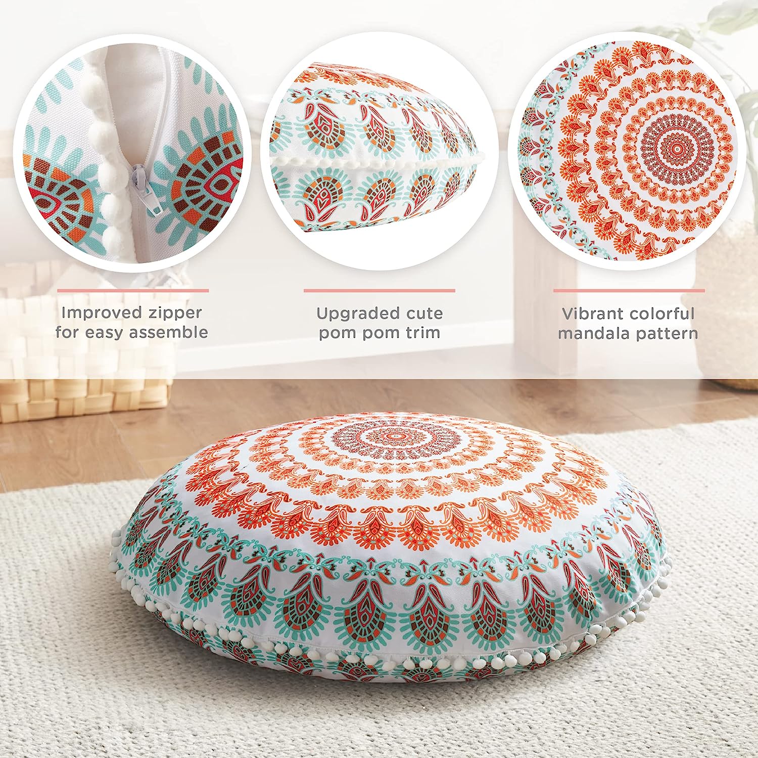 Codi Meditation Floor Pillow Set of 2, Round Large Pillows Seating for Adults, Bohemian Mandala Circle Cushions for Outdoor Fireplace Yoga Living Room, 32 Inch, Memory Foam Added, Coral