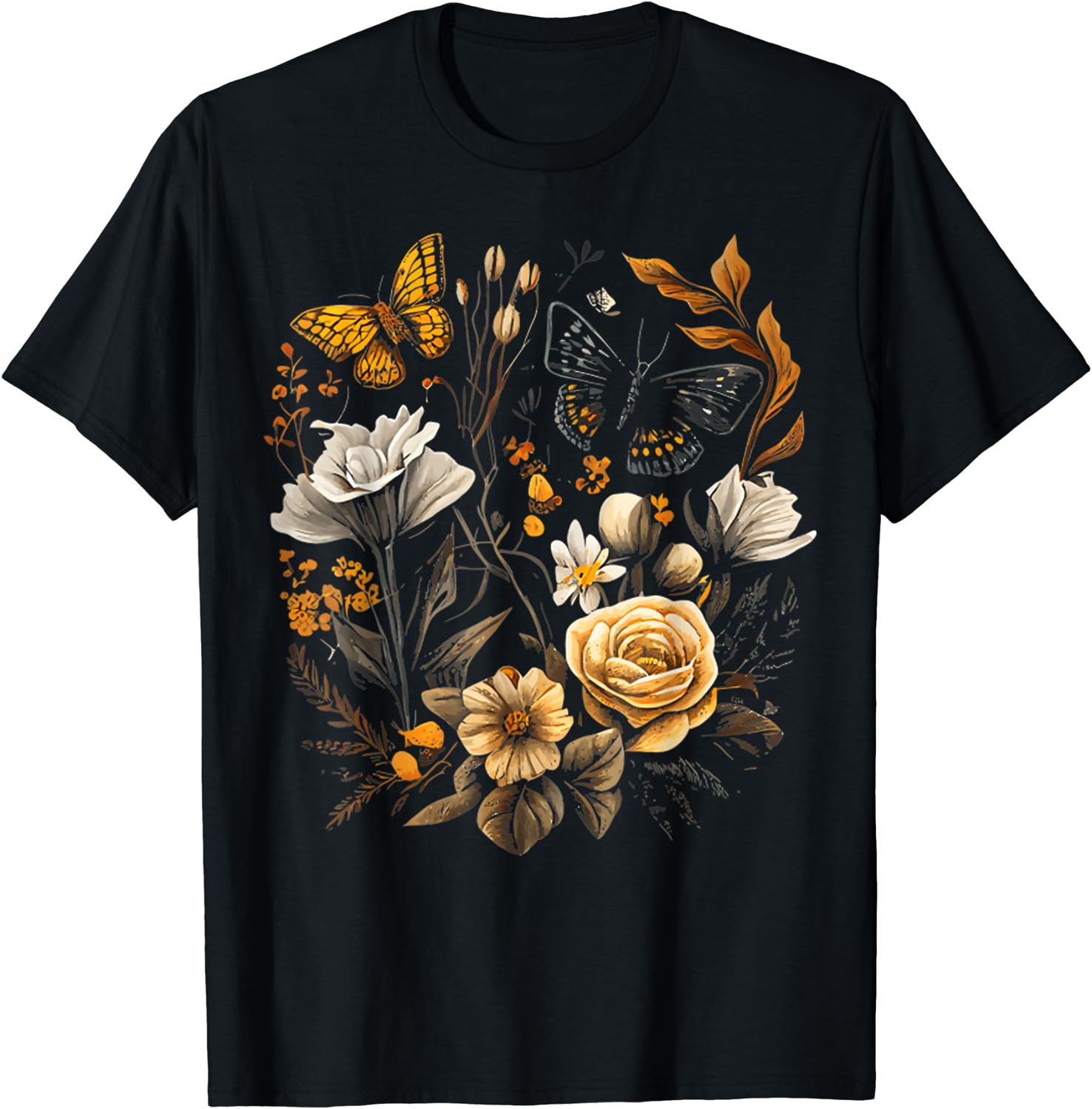 Vintage Pressed Flowers Butterflies Floral Boho Wildflowers T-Shirt