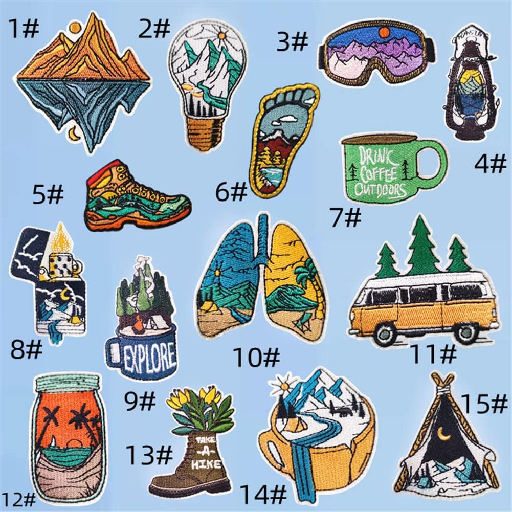 15PCS Landscapes Patches DIY Wilderness Trekking Patches On Clothes Outdoor Landscape Iron On Embroidery Patches for Jacket Clothing Stickers Badge, Blue