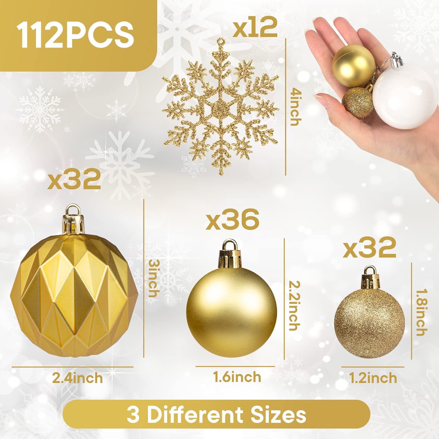 112PCS Christmas Tree Ball Set, Christmas Ball Ornaments Glitter Shatterproof Baubles Gold White for Xmas Tree Wreath Christmas Party Wedding