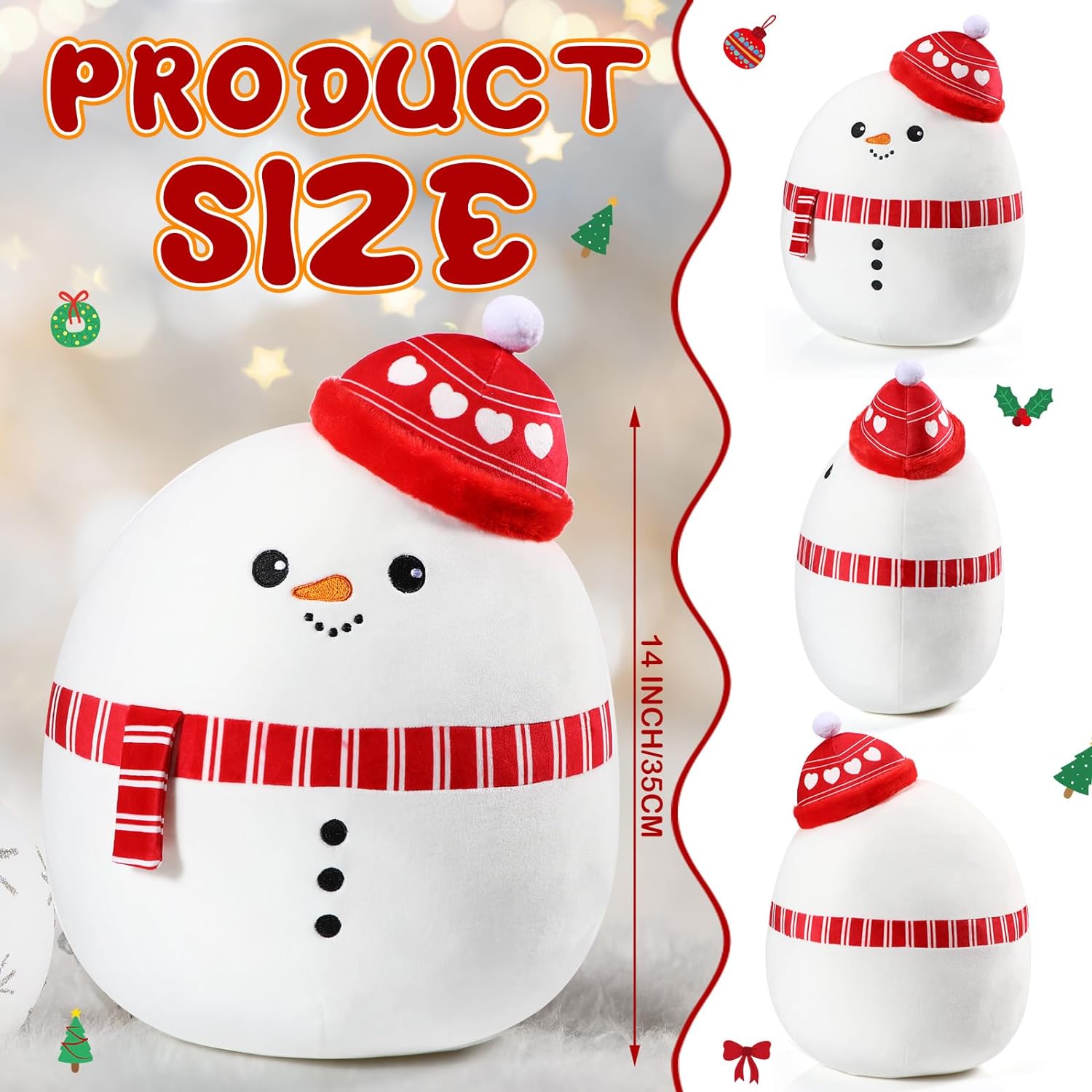 14 Inch Christmas Snowman Plush Throw Pillow Soft Cuddly Stuffed Pillow Large Christmas Hugging Cushion for Home Bedroom Office Sofa Decor Christmas Birthday Holiday Party Favor Gift