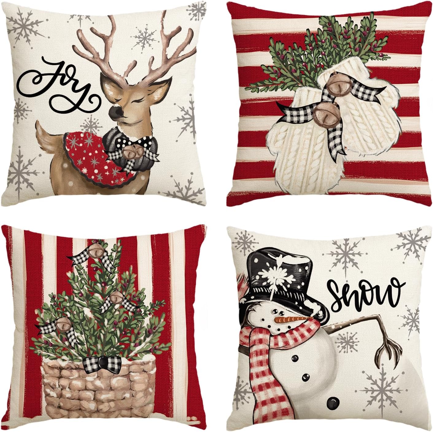 colorlife Christmas Snowman Reindeer Gloves Eucalyptus Red Throw Pillow Covers, 18 x 18 Inch Winter Holiday Stripes Cushion Case Decoration for Sofa Couch Set of 4