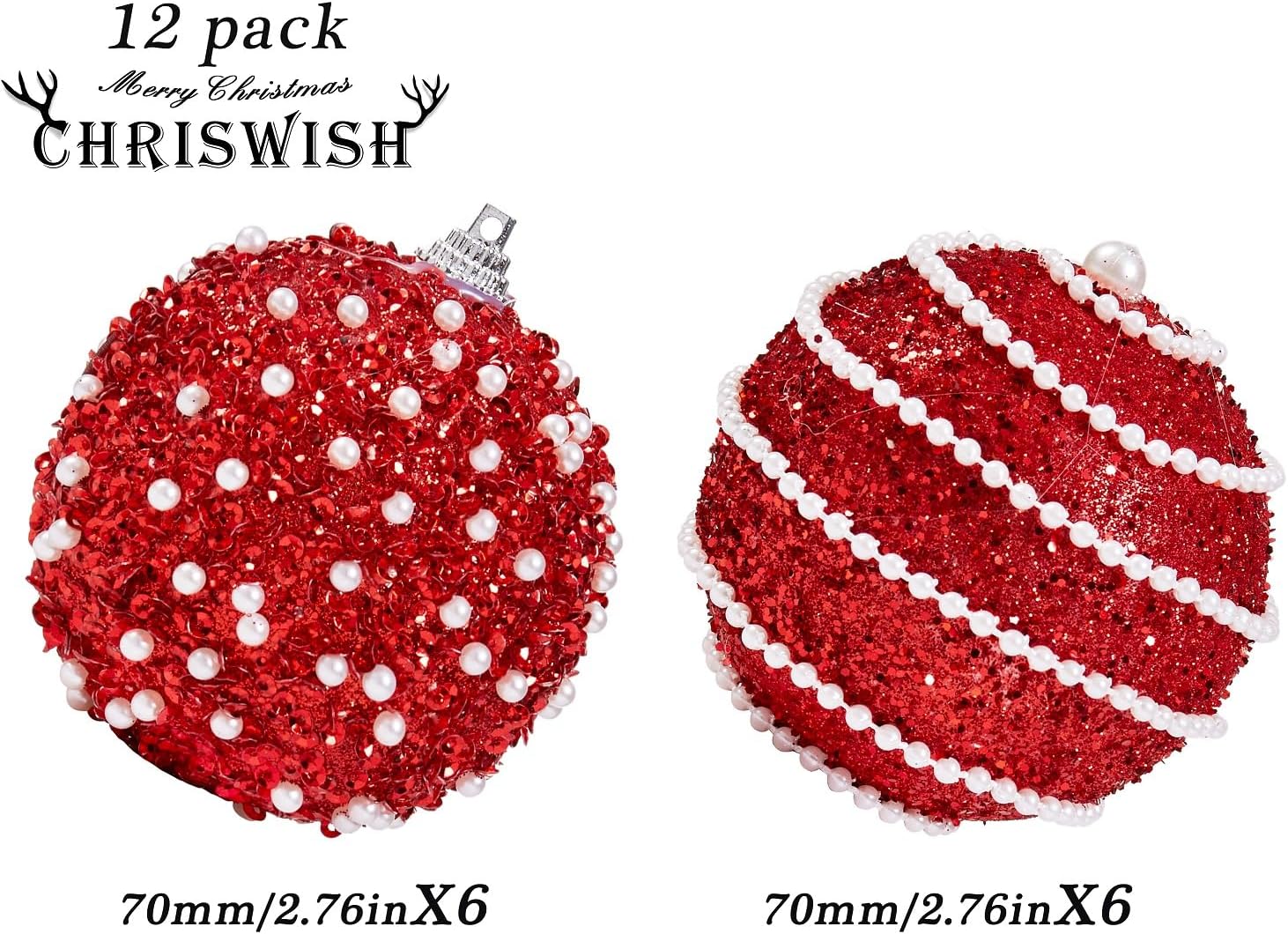 Red Christmas Ball Ornaments, Christmas Ball Decorations Shatterproof Plastic Hanging Pearl Balls for Holiday Party(70mm/2.76″, 12ct)