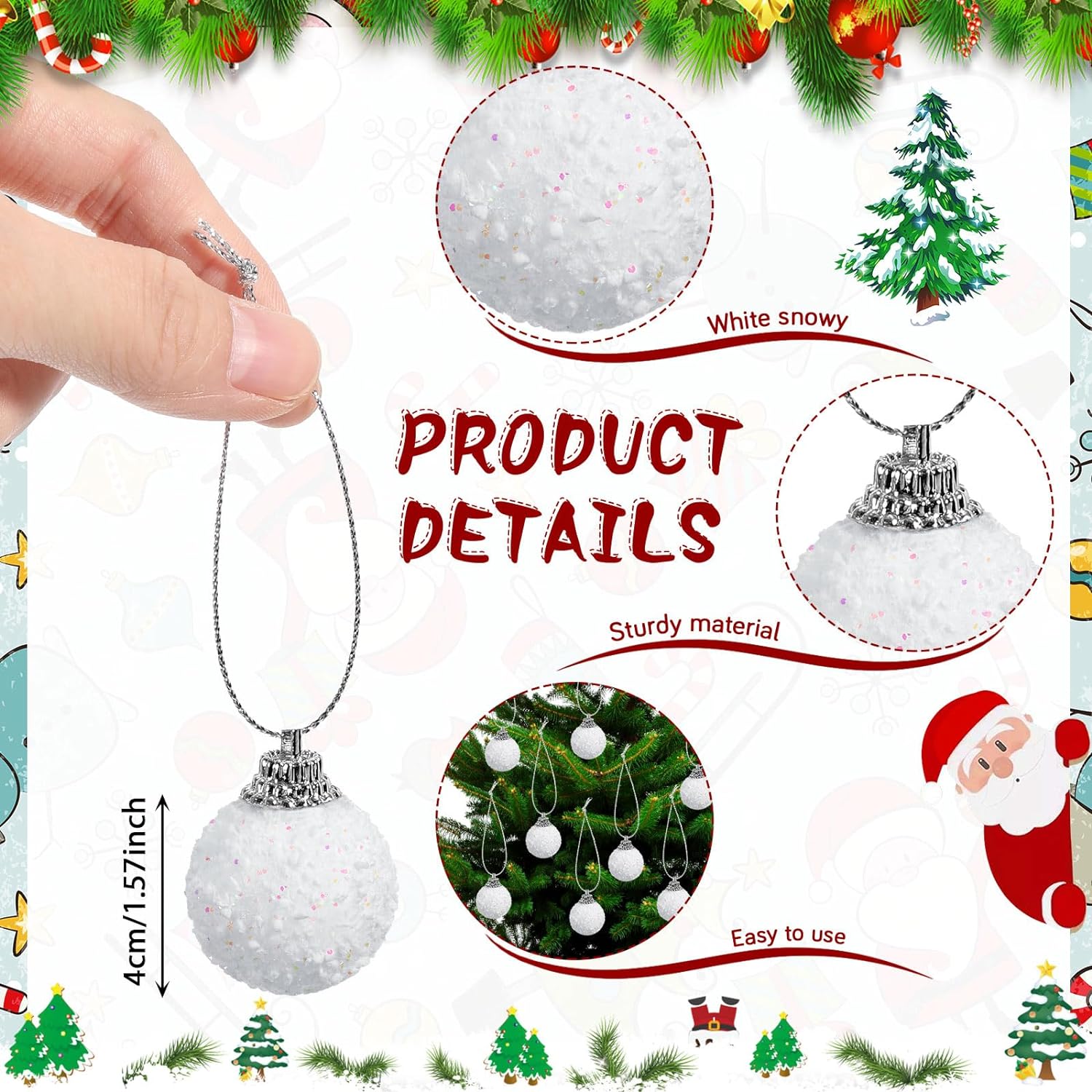 48 Pcs Mini Christmas Balls Ornaments Small Hanging White Snowballs Snowy Bauble Ornaments Xmas Tree Decoration (1.57 Inch)