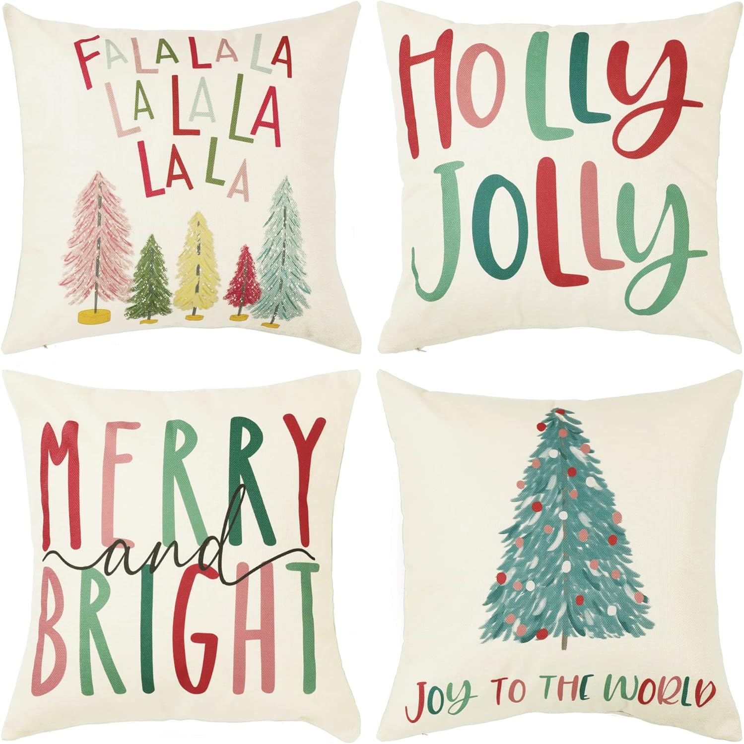 Merry Bright Christmas Pillow Covers Colorful Holiday Holly Jolly Set of 4 Winter Decorative Throw Pillow Covers Cushion Case for Home Sofa Bed Chair (18″ L x 18″ W)