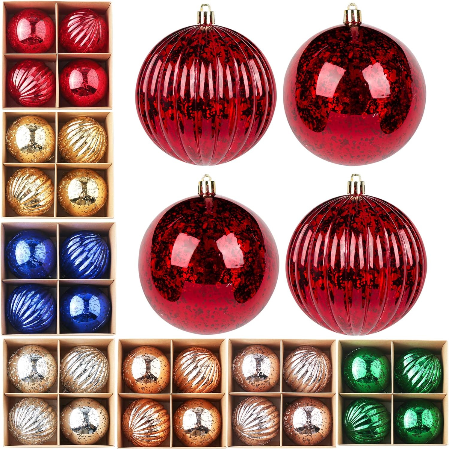 Sunshine 4 Pcs 4” Large Shiny Christmas Ball Ornaments,Giant Hanging Christmas Tree Ornament Decorations for Holiday, Extra Large Shatterproof Retro Mercury Balls Set(4inch, Red)