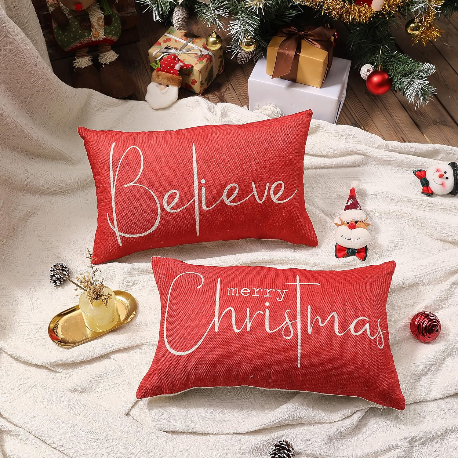 Christmas Throw Pillow Covers 12×20 Inch Set of 2 Merry Christmas Farmhouse Decorations Believe Holiday Decor Throw Cushion Case for Home Couch