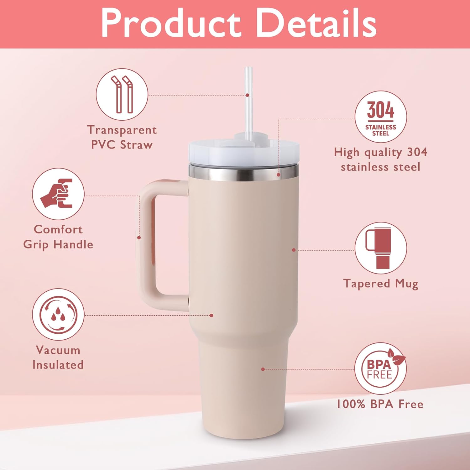 Cups 40 oz Tumbler with Handle Straw Lid Insulated Stainless Steel Vacuum Reusable Keep Drinks Cold Coffee Cup Holder Friendly Gifts for Lover Women Mother Travel Gym Car, Pink