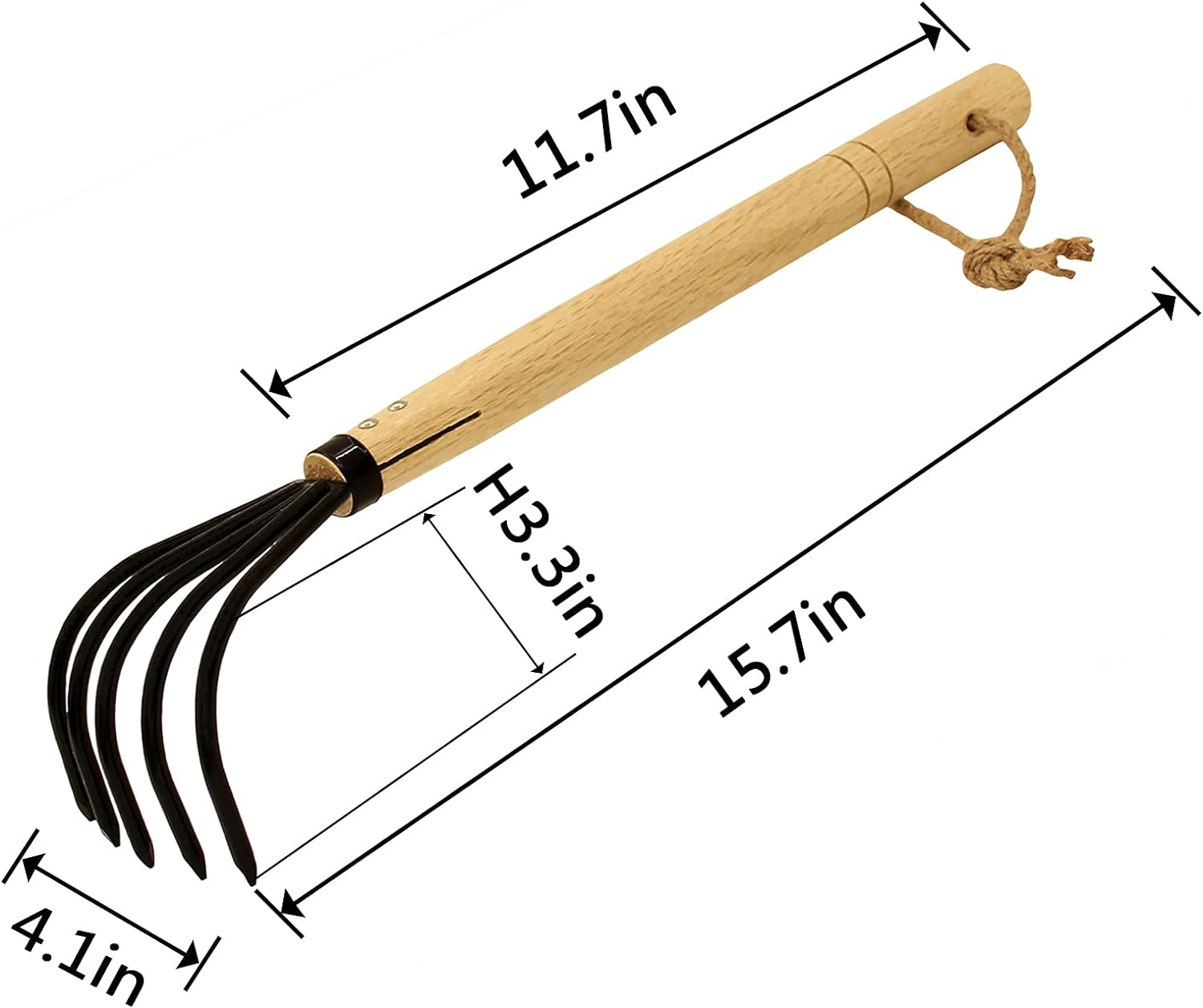 Military-grade steel garden rake with 5 tines and a handle.