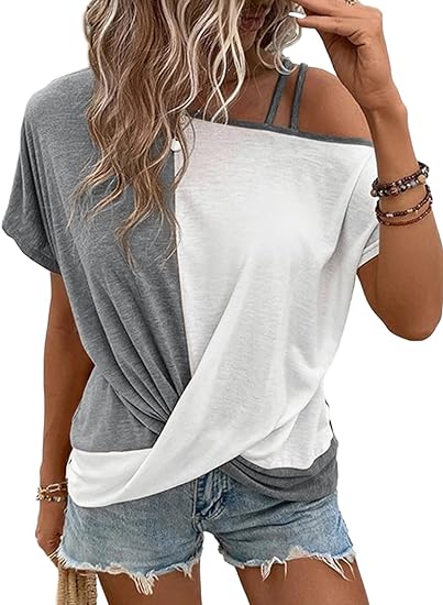 Fashion 2024 Women’s Twist Knot Color Block Loose Fit Cold Shoulder Tops