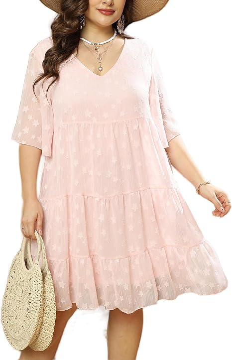 Plus-size summer chiffon dress with a loose fit, casual V-neck, short sleeves, and a babydoll silhouette, suitable for maternity wear and ideal for sunny days