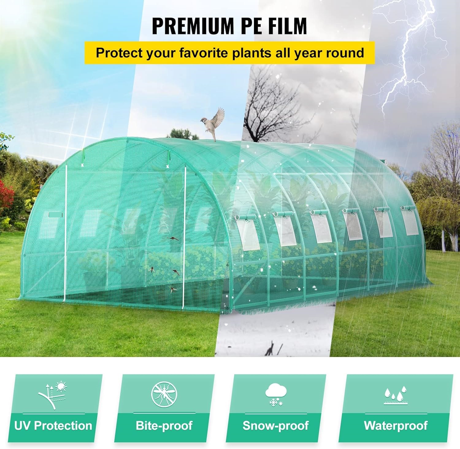 20x10x7 ft Portable Walk-in Tunnel Greenhouse with Zippered Door, 12 Roll-up Windows, Galvanized Steel Hoops, 3 Top Beams, and 4 Diagonal Poles