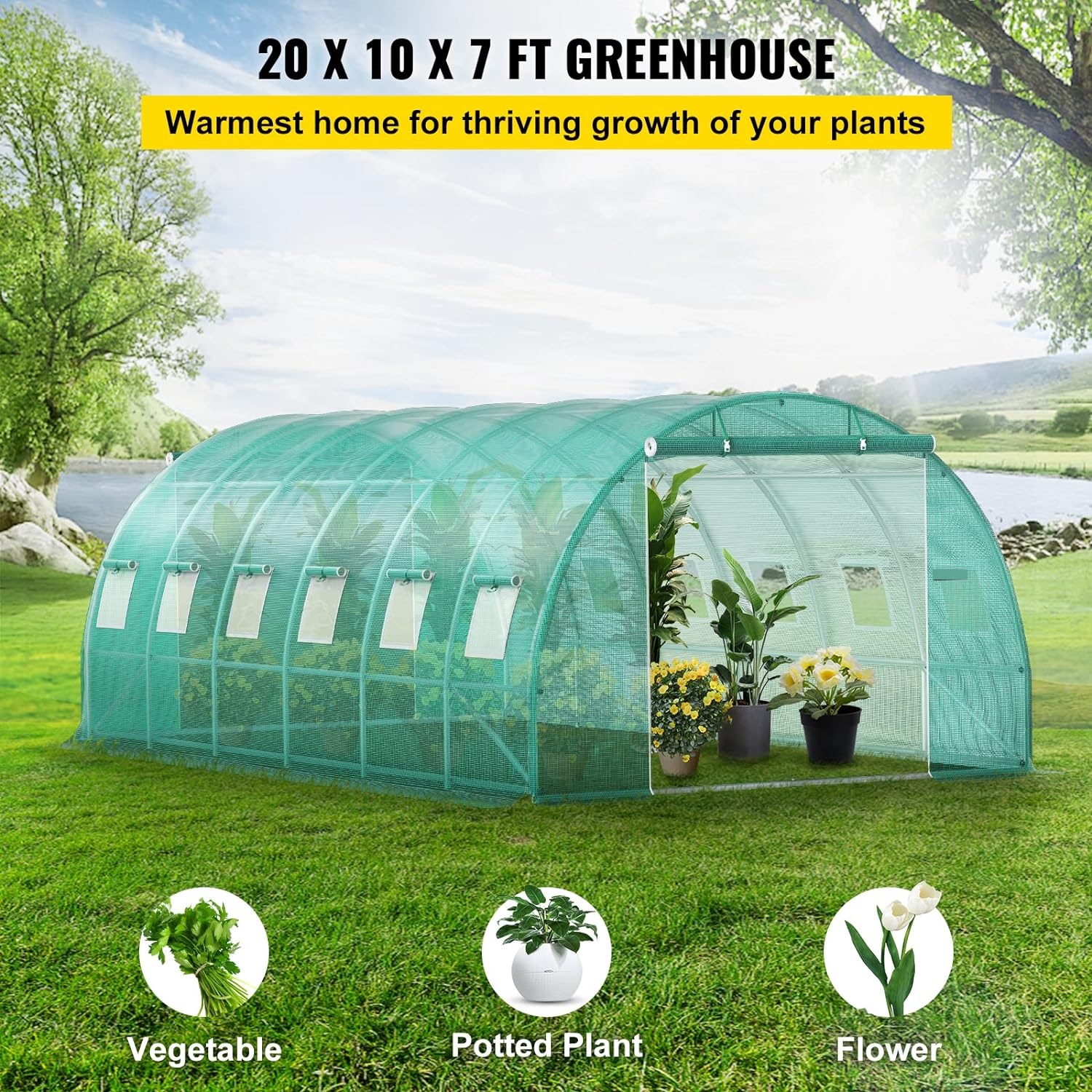 20x10x7 ft Portable Walk-in Tunnel Greenhouse with Zippered Door, 12 Roll-up Windows, Galvanized Steel Hoops, 3 Top Beams, and 4 Diagonal Poles