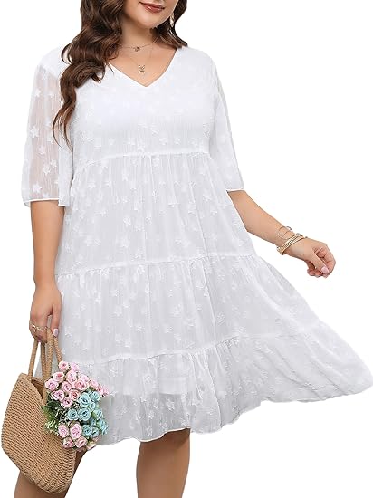 Plus-size summer chiffon dress with a loose fit, casual V-neck, short sleeves, and a babydoll silhouette, suitable for maternity wear and ideal for sunny days