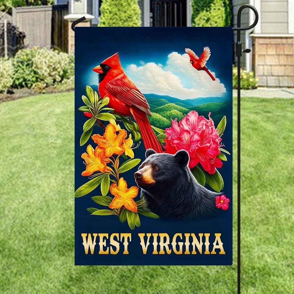 West Virginia Black Bear and Cardinal and Rhododendron Flower Garden and House Flag