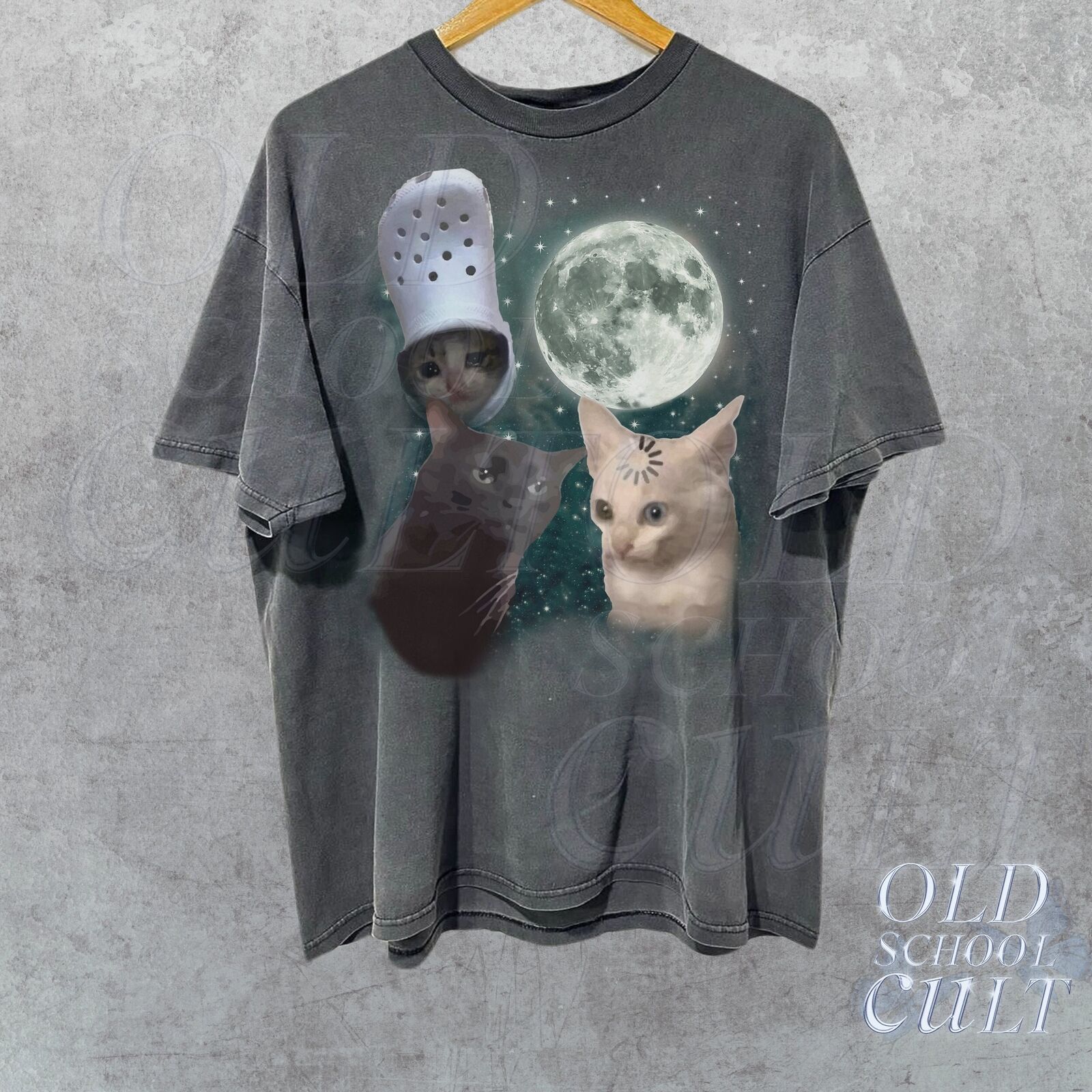 Three Cats Vintage Graphic T-shirts, Retro Cat Moon Tee, Cat Lover Shirt, Funny Cat T-shirt, Oversized Washed Tee, Meme T-shirt, Novelty Ugly Shirt