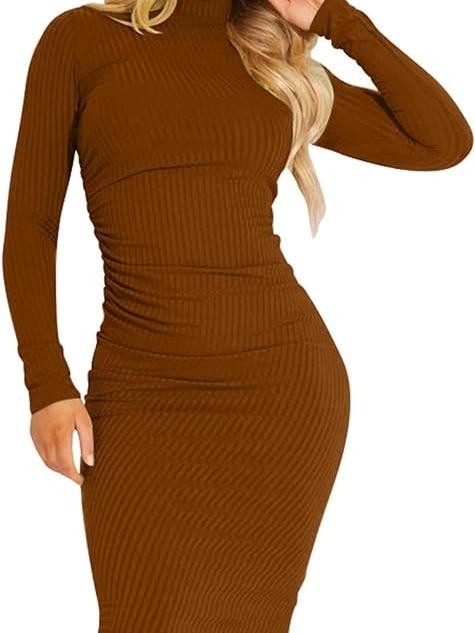 Women’s Ribbed Basic Casual Midi Dress Long Sleeve Bodycon Ruched Club Dresses