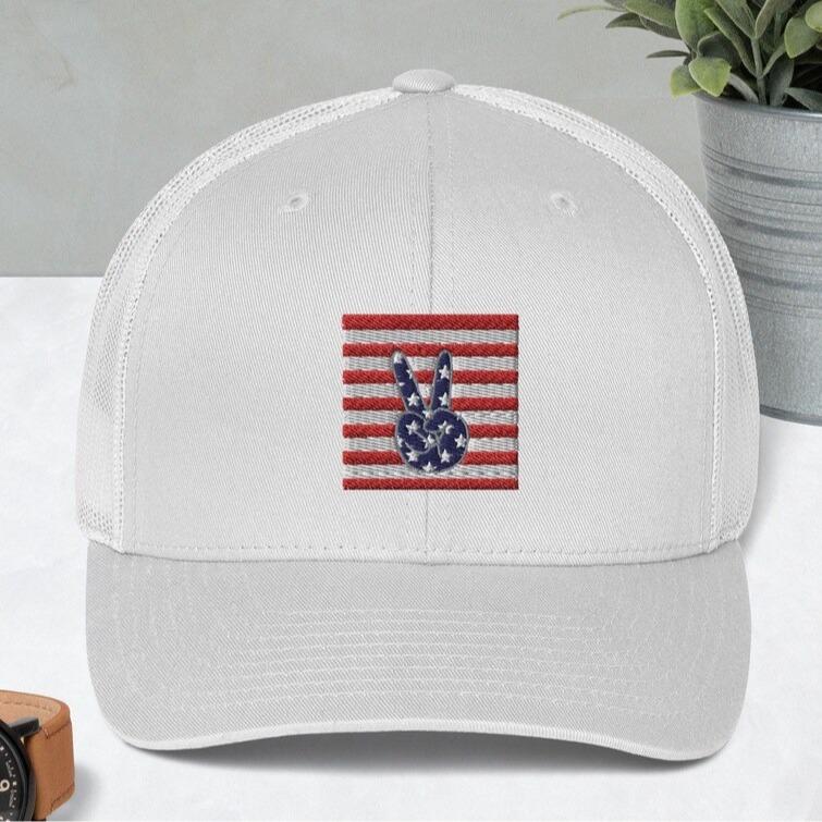 Embroidered Patriotic Peace Sign Hat, Retro American Peace Sign Trucker Hat, July Trucker Hat, Stars & Stripes peace sign trucker hat