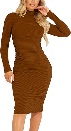 Women’s Ribbed Basic Casual Midi Dress Long Sleeve Bodycon Ruched Club Dresses