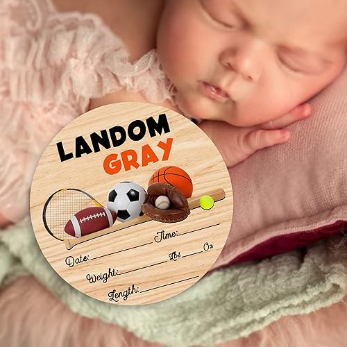 Custom Birth Sign, Round Wood Birth Sign, Personalized Newborn Baby Announcement Sign Shower Gift Baby Birth Hospital Photo Props Gender Reveal Girl Boy Neutral Nursery Wall Decor Sports