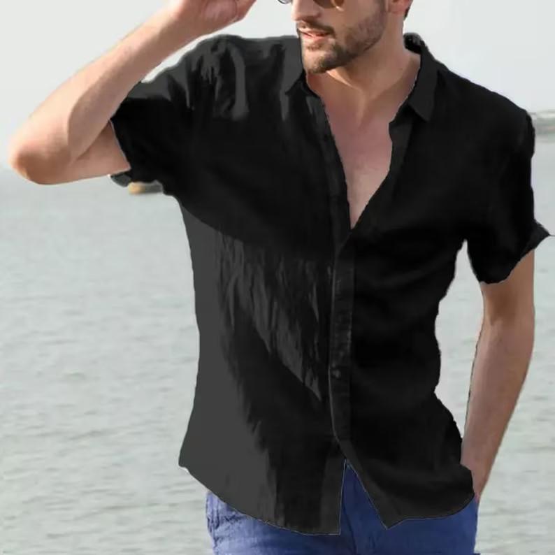 Men’s Casual Short Sleeve Shirt Street Wear Lapel Button Solid Color Cotton