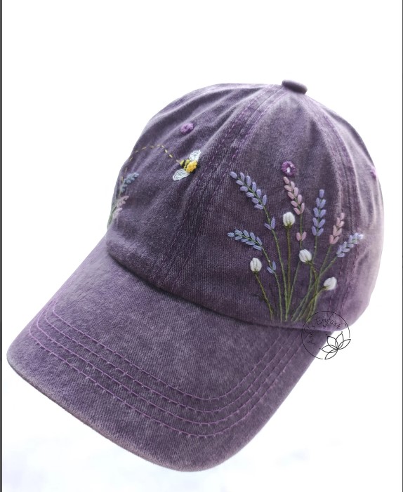 Ready for shipping Hand Embroidery Lavender And Bee Hat, Purple Denim Cap, Floral Hat, Embroidered Flower Cap, Vintage Hat For Woman