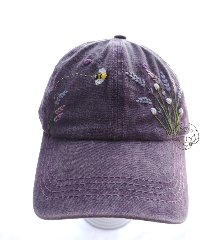 Ready for shipping Hand Embroidery Lavender And Bee Hat, Purple Denim Cap, Floral Hat, Embroidered Flower Cap, Vintage Hat For Woman