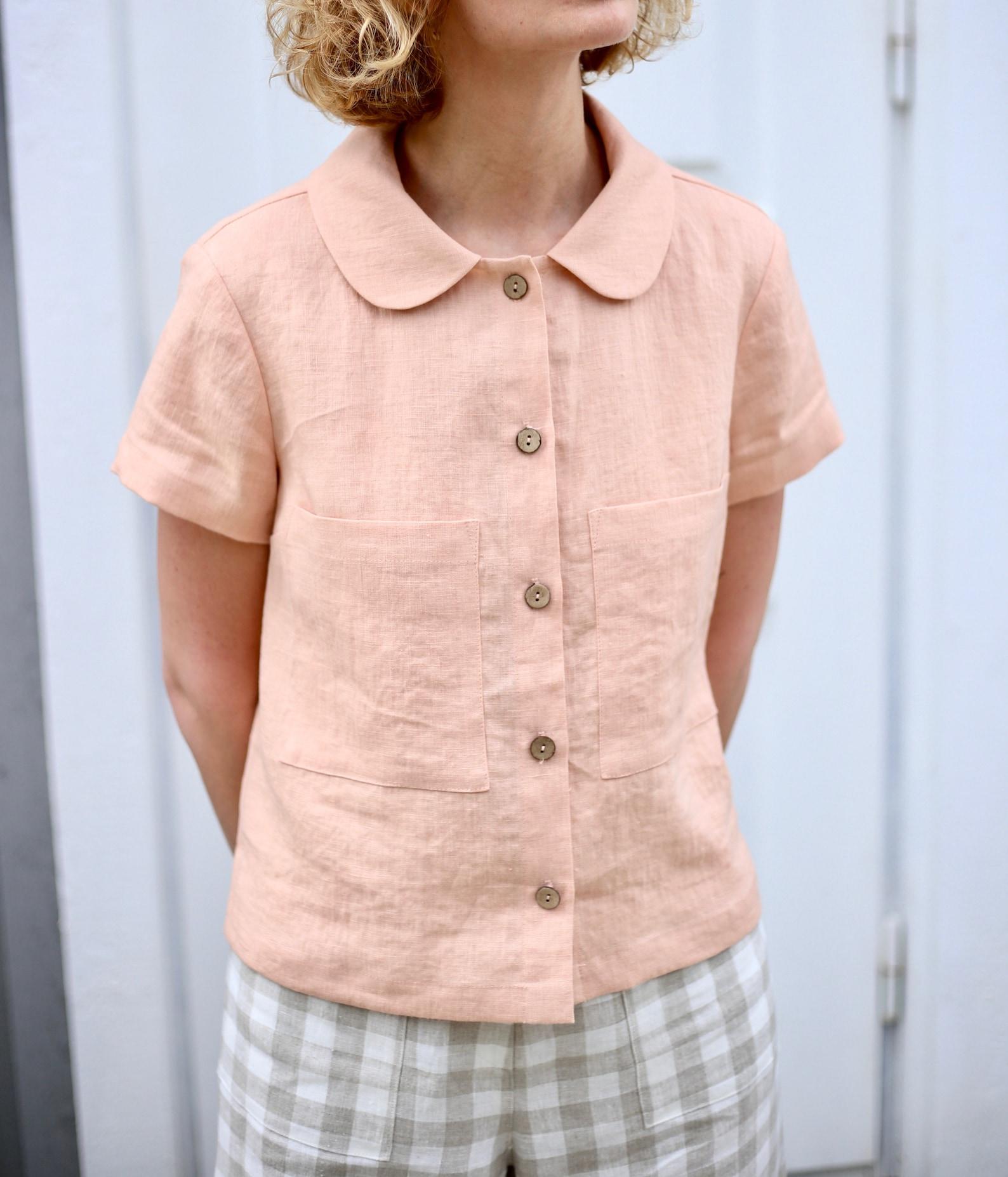 Linen short sleeve shirts in almost apricot