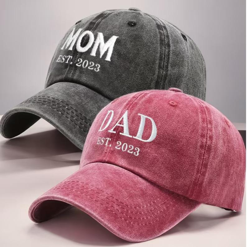 Mom & Dad EMBROIDERED Hat, Dad Hat Pigment Dyed Unstructured Baseball Cap, Mom And Dad To Be, Baby Announcement Gifts, Gifts For New Parents