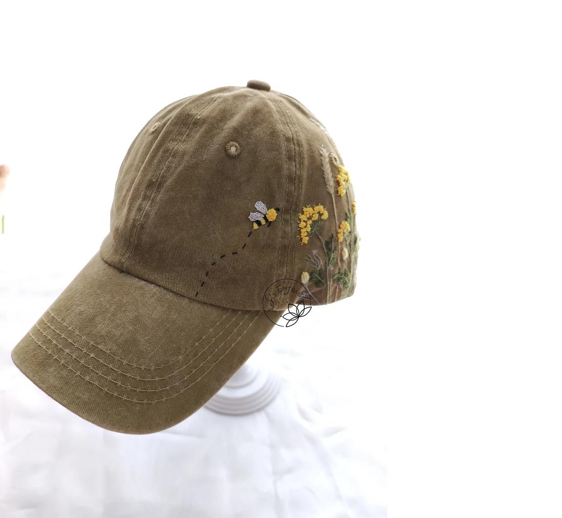 Ready for shipping Hand Embroidery Wild Flower and Bee Baseball Cap, Khaki Color Denim Hat, Vintage Embroidered Floral Hat For Woman