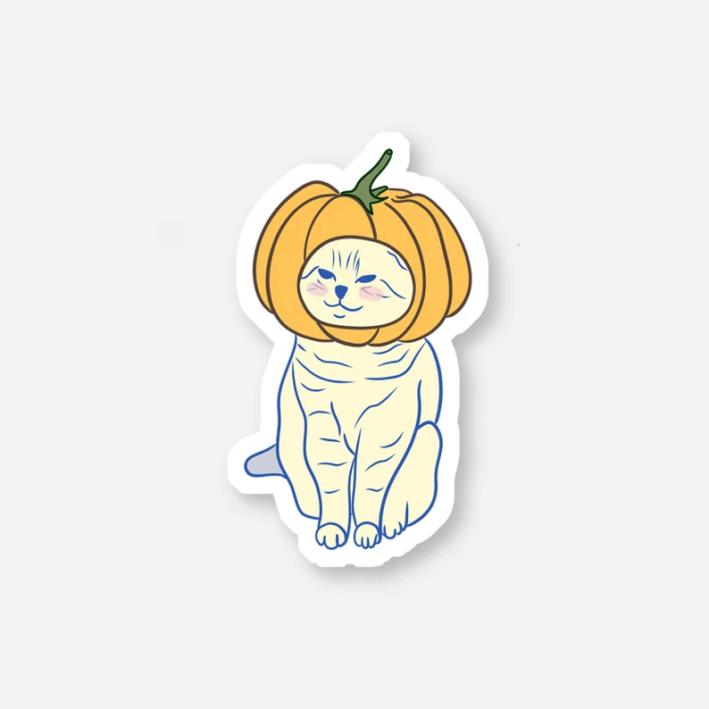 Pumpkin cat | Reusable Sticker, Cat Stickers, waterbottle Sticker, Laptop Sticker, Tear-proof sticker, Cat in pumpkin costume